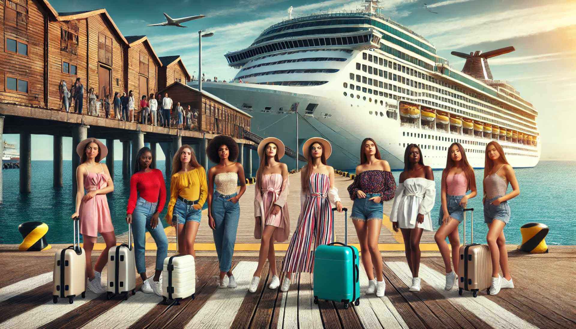 Model auf Kreuzfahrtschiff bei Sonnenuntergang – Bühne mit Meerblick